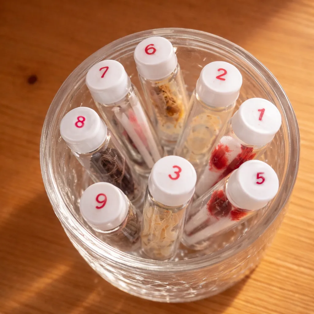 Dry biological samples stored in labelled vials for QMH reference
