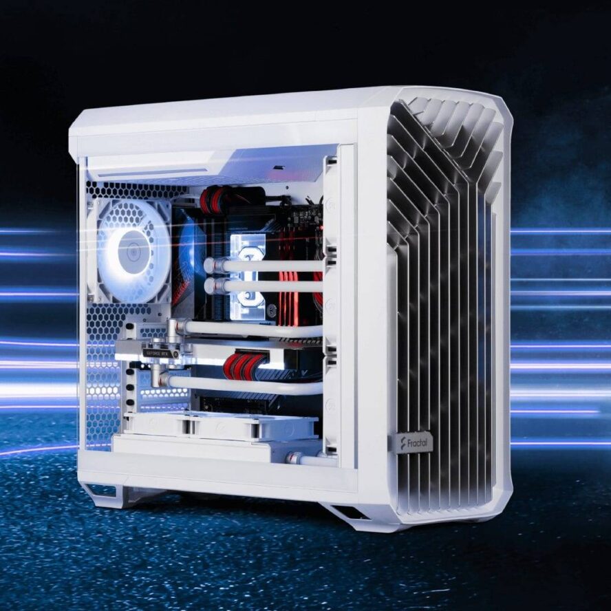 High Performance PC Zen Lotus – Case: Fractal Design Torrent, Motherboard: Gigabyte X670E Aurus Master, Graphics Card: Nvidia GeForce RTX 3080 – FTW3, RAM: G.SKILL Trident Z5 RGB black, Processor: AMD Ryzen 9 7950X, Cables: CableMod red/carbon, High-Performance Compatible Set: EK-Quantum Scalar² Terminal – Plexi, EK-Quantum Velocity² D-RGB – AM5 Nickel + Plexi, Quantum Vector² FE RTX 4090, EK-Quantum Torque Rotary 90° – Satin Titanium, and other tailored components for enhanced cooling efficiency, Accessories: 2 x 27″ screens, Mouse, Keyboard