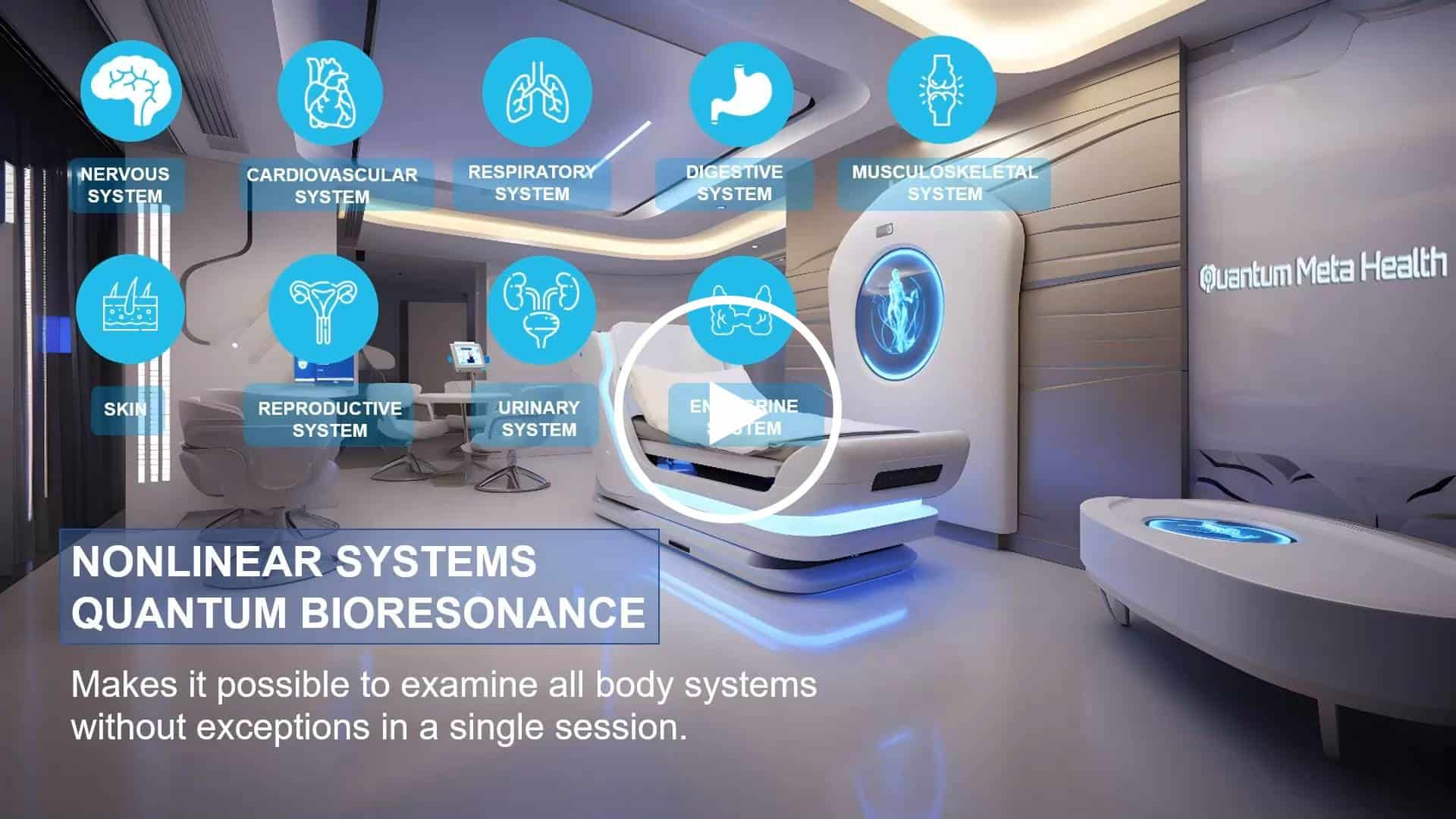 The image showcases an advanced diagnostic room for Quantum Meta Health, featuring state-of-the-art technology for quantum bioresonance. The room is designed with a futuristic aesthetic and includes a specialized bed or platform surrounded by interactive displays and icons representing various human body systems such as the nervous, cardiovascular, respiratory, and musculoskeletal systems. The setting highlights the capability of the technology to examine all body systems in a single session, enhancing the efficiency and comprehensiveness of medical diagnostics. The design is sleek, modern, and clinical, suggesting a high-tech approach to health care.