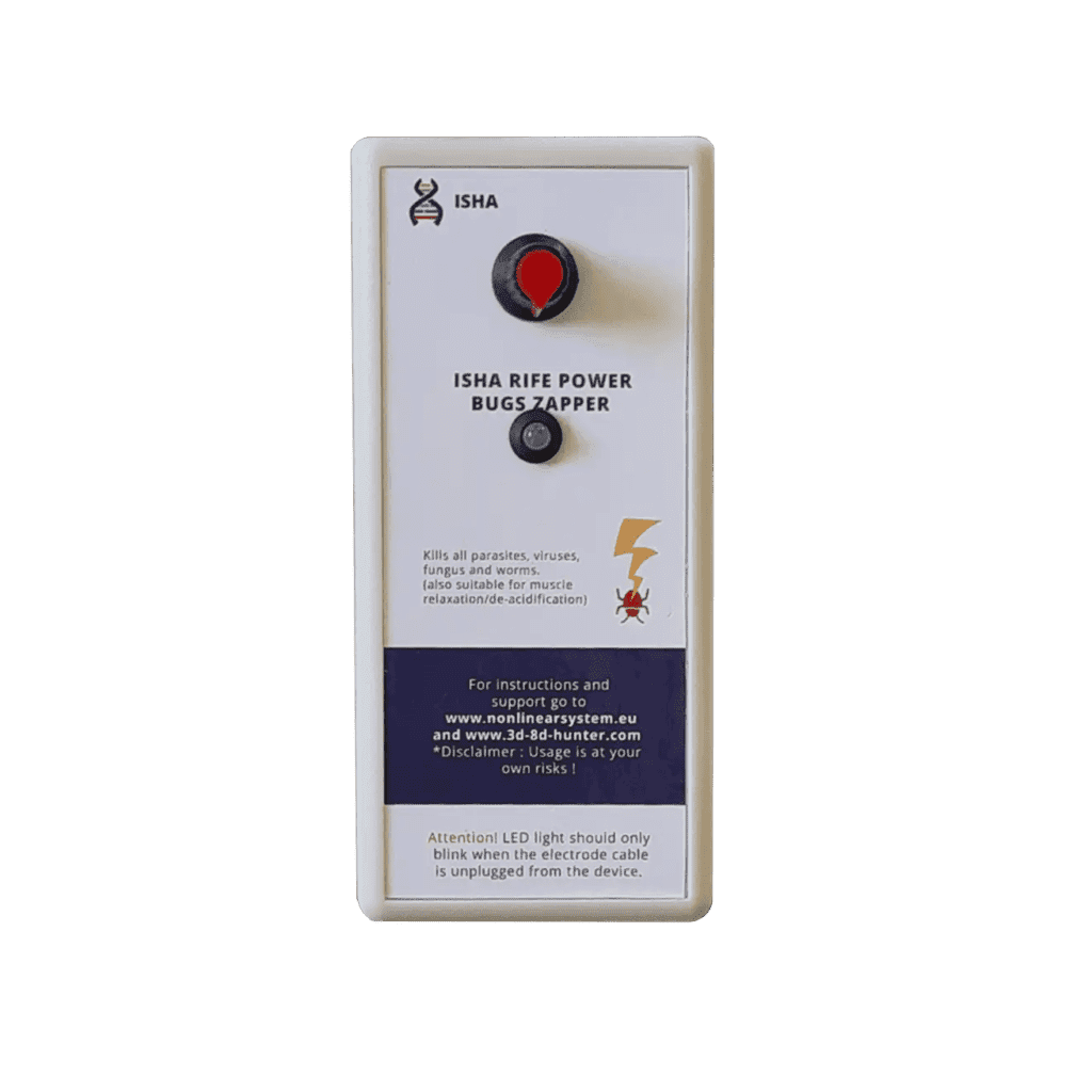 ISHA RIFE POWER BUGS ZAPPER device for quantum meta health. Supports parasite cleansing, viral defense, fungal elimination, and worm removal. Offers muscle relaxation and pH balancing benefits. Disclaimer: For informational purposes only, not medical advice.