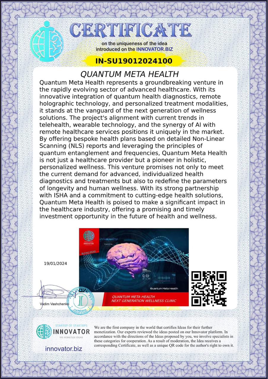 Quantum Meta Health pre patent innovator global certificate